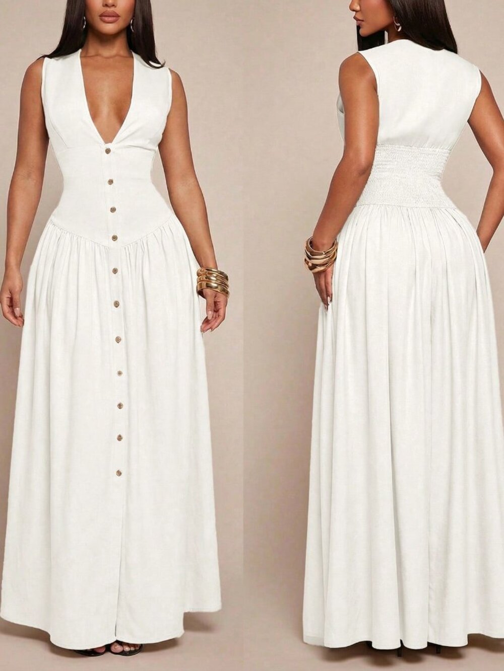 White Minimalist V-Neck Women's Linen-Blend Cinched Waist Shirt Dress - Picture 6 of 7